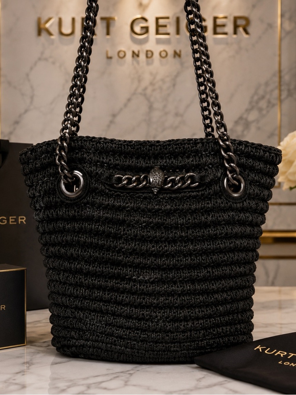 Kurt Geiger Chelsea Black Raffia Tote Bag Gunmetal Chain Crystal Eagle